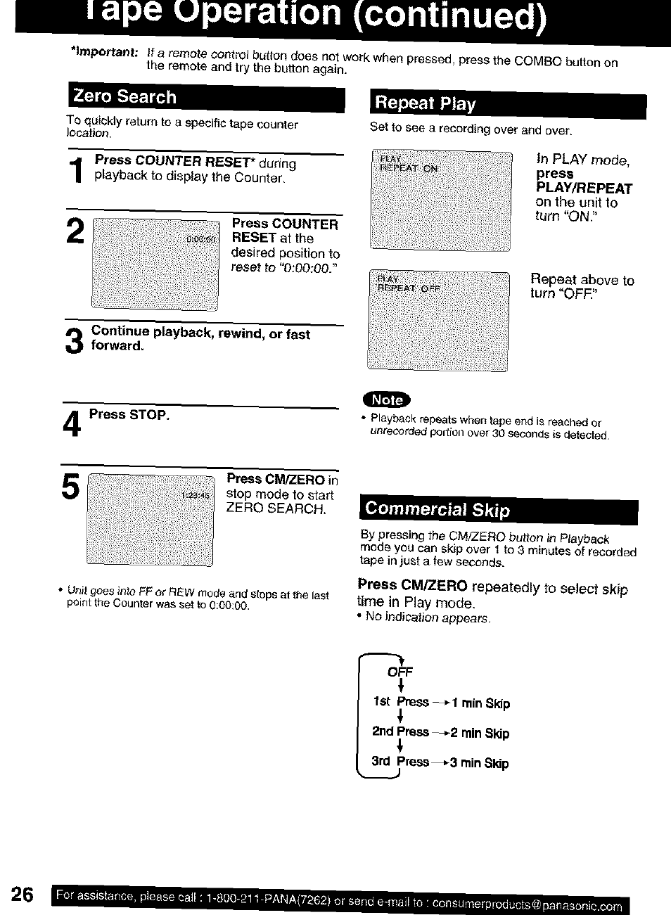 I ape uperation (continued), Zero search, Commercial skip | Iliili | Panasonic PV C2063 User Manual | Page 26 / 40