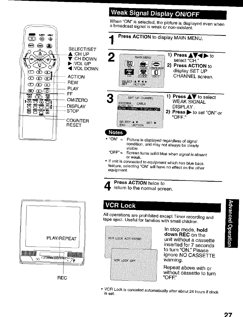 Weak signal display on/off, Vcr lock, 1) press | Panasonic PV C2063 User Manual | Page 27 / 40