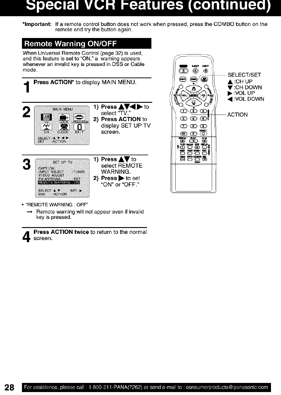 Bpeciai vuk heatures (continued), Remote warning on/off | Panasonic PV C2063 User Manual | Page 28 / 40