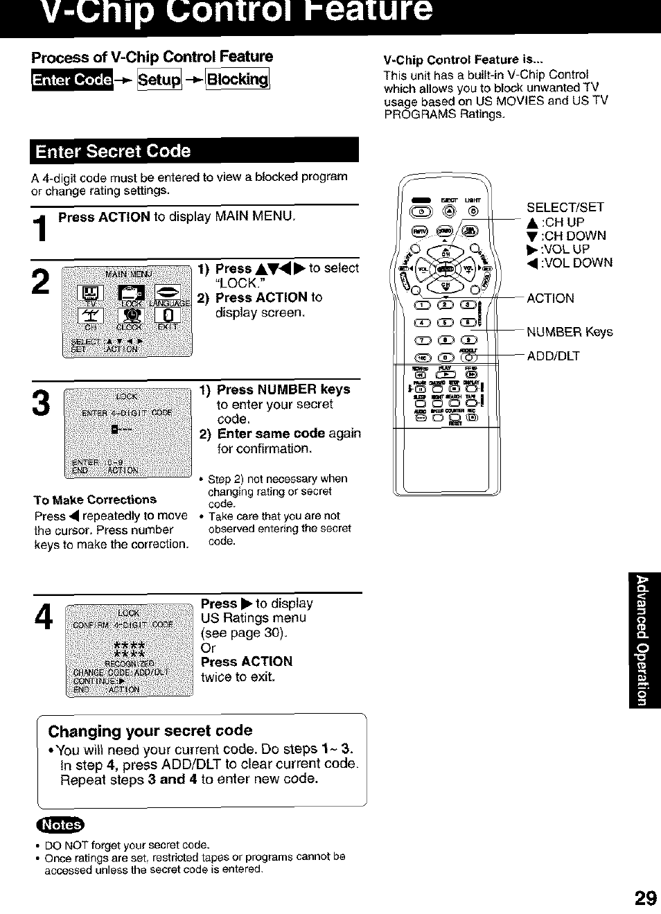 V-cmp uoniroi i-eature, Process of v-chip control feature, Changing your secret code | Panasonic PV C2063 User Manual | Page 29 / 40
