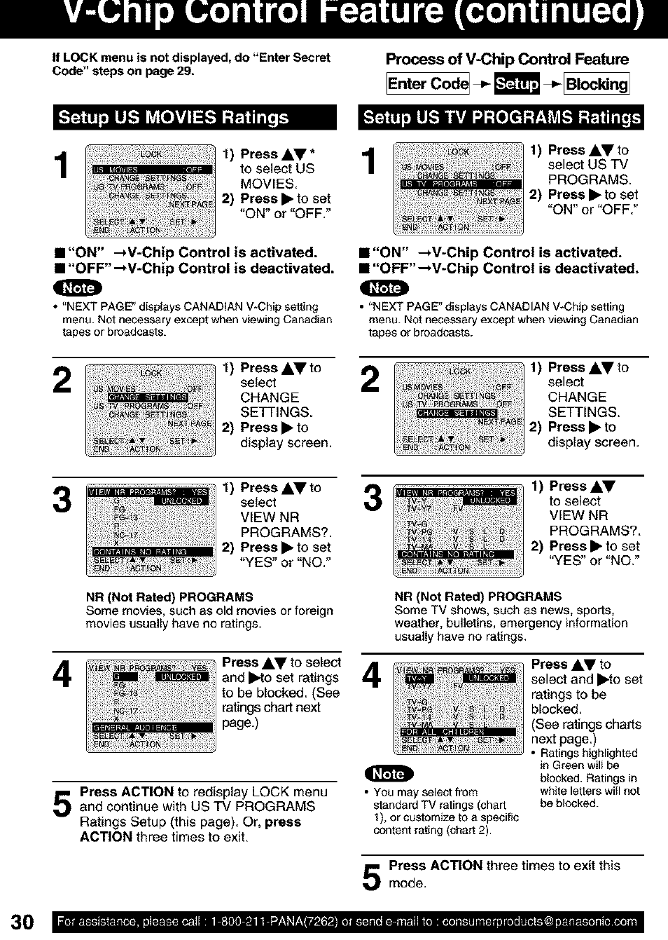 V-unip uontroi heature (continued), Process of v-chip control feauire, Setup us tv programs ratings | Panasonic PV C2063 User Manual | Page 30 / 40