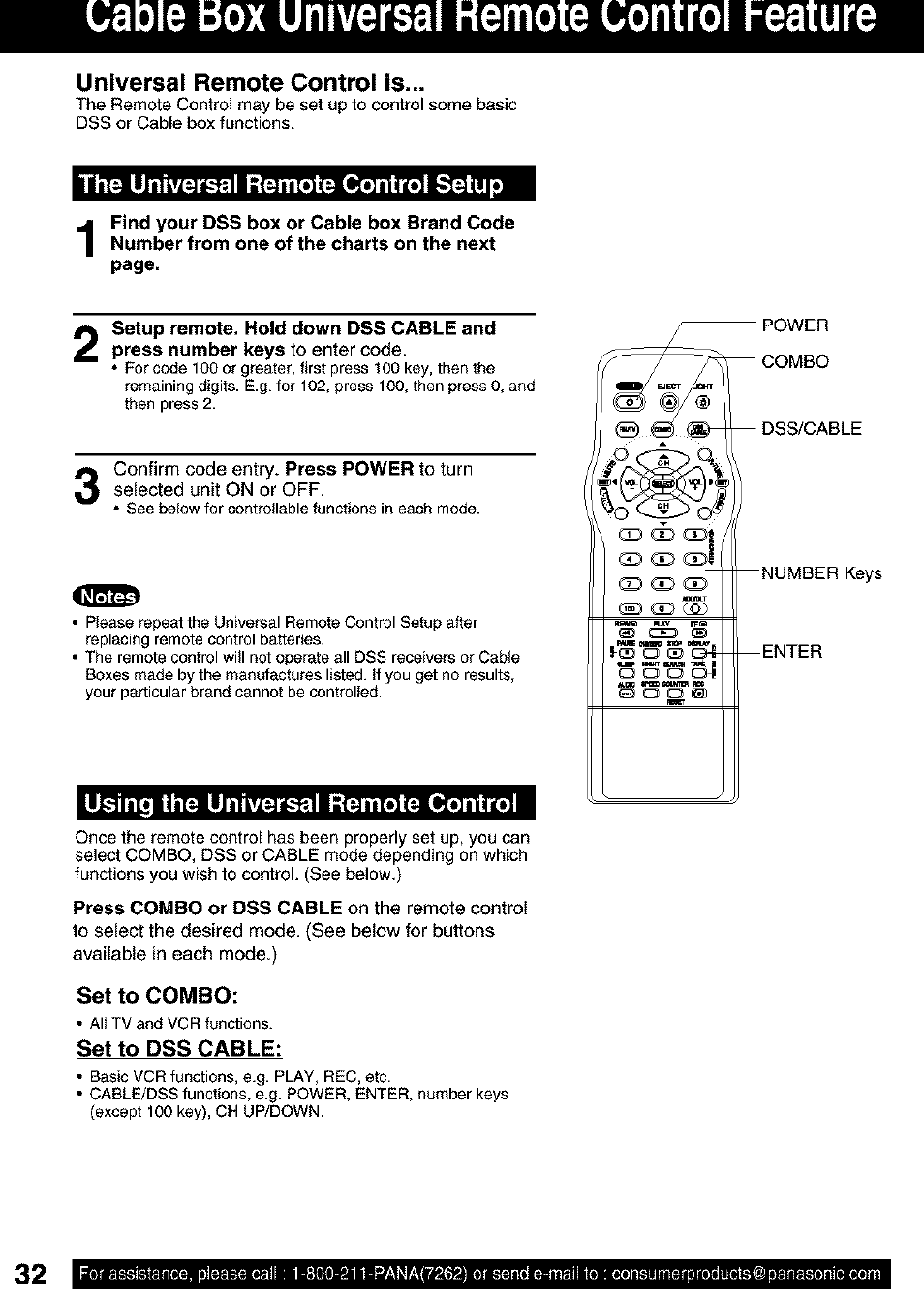 Universal remote control is, The universal remote control setup, Using the universal remote control | Üadie box universal kemote uontroi reature | Panasonic PV C2063 User Manual | Page 32 / 40