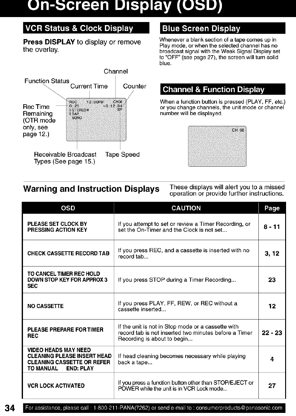 Ün-bcreen display (übü), Vcr status & clock display | blue screen display, Channel & function display | Warning and instruction displays, Press display to display or remove the overlay | Panasonic PV C2063 User Manual | Page 34 / 40