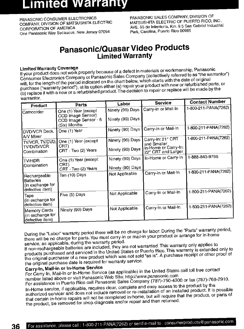 Limiiea warramy, Panasonic/quasar video products, Limited warranty | Panasonic PV C2063 User Manual | Page 36 / 40