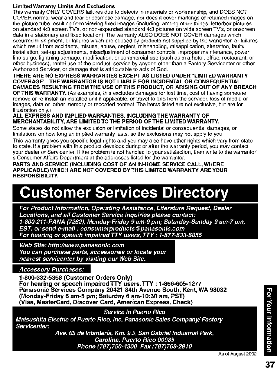 Customer services directory | Panasonic PV C2063 User Manual | Page 37 / 40
