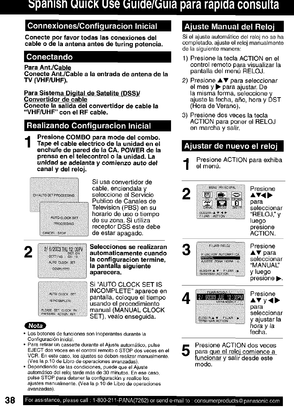 Bpanisn uuick use uuiae/uuia para rapiaa consulta, Connexiones/configuracion inicia, Conectando | Realizando configuración inicial, Ajuste manual del relo, Ajustar de nuevo el reloj, Spanish quick use gulde/guia para rápida consulta | Panasonic PV C2063 User Manual | Page 38 / 40