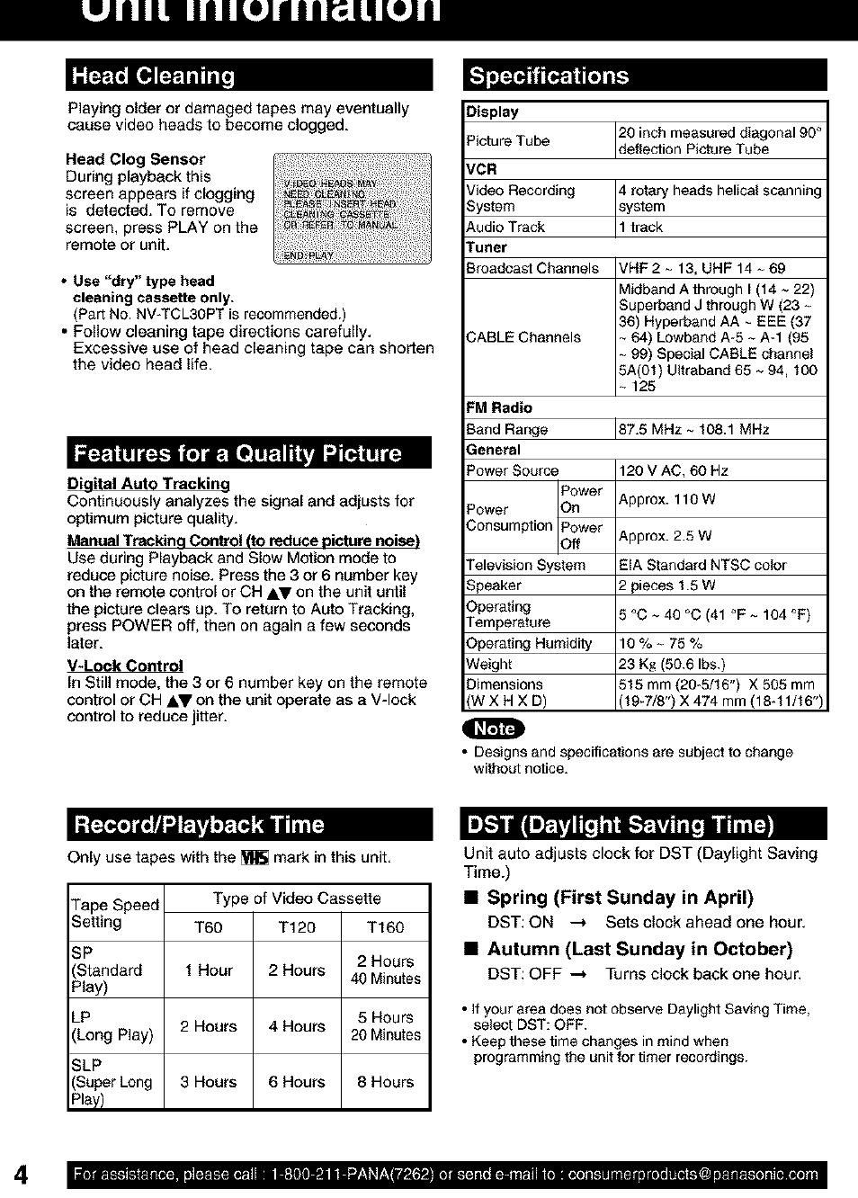 Unii imurmciiiun, Head cleaning, Features for a quality picture | Specifications, Record/playback time, Dst (daylight saving time), Spring (first sunday in april), Autumn (last sunday in october) | Panasonic PV C2063 User Manual | Page 4 / 40