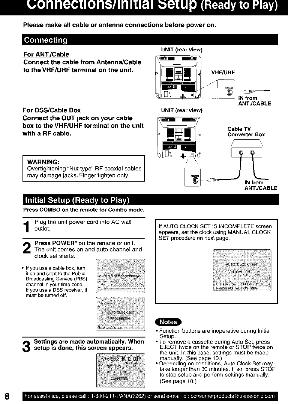 Uonneciions/mmai ьетир (ready to play), Connecting, Initial setup (ready to play) | Connections/lnitial setup (ready to piay), Uonneciions/mmai ьетир, Ready to play) | Panasonic PV C2063 User Manual | Page 8 / 40