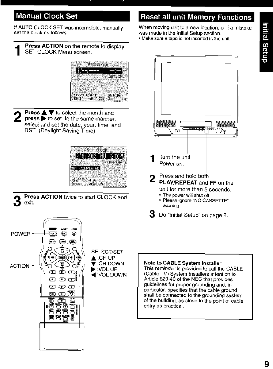 Reset all unit memory functions | Panasonic PV C2063 User Manual | Page 9 / 40