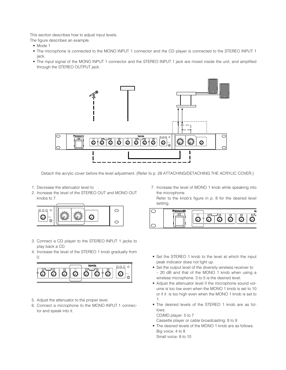 Input level adjustment, Mono1), Power amplifier | Internal mix, Knob for input level adjustment (stereo 1), Knob for input level adjustment, Speaker microphone cd, Equalizer, Mono input 1 stereo input 1 stereo output | Panasonic WR-XS3P User Manual | Page 30 / 39