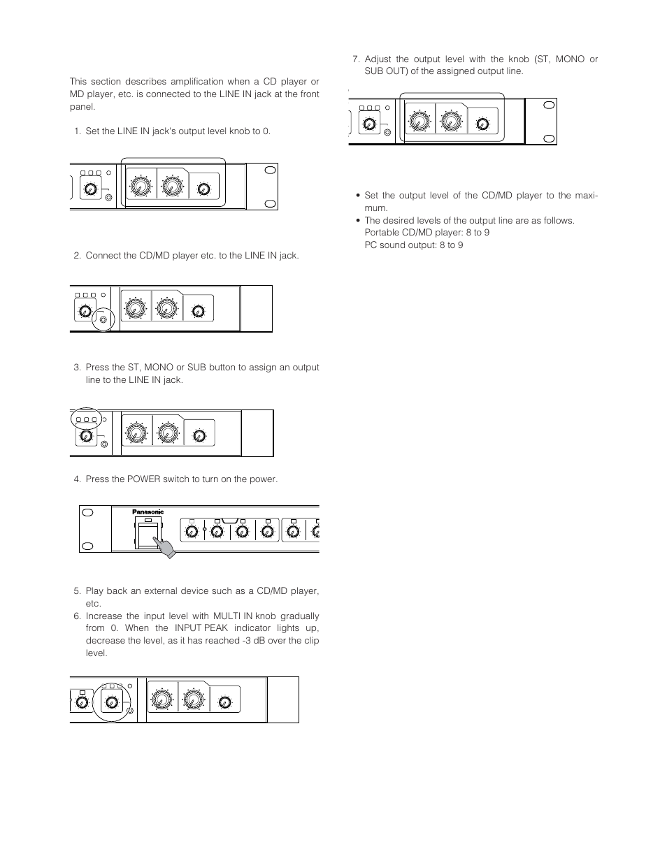 Using cd/md player through line in, Knobs for output level adjustments | Panasonic WR-XS3P User Manual | Page 31 / 39