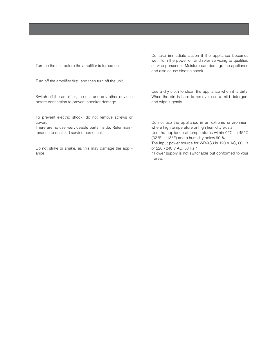 Precautions | Panasonic WR-XS3P User Manual | Page 7 / 39