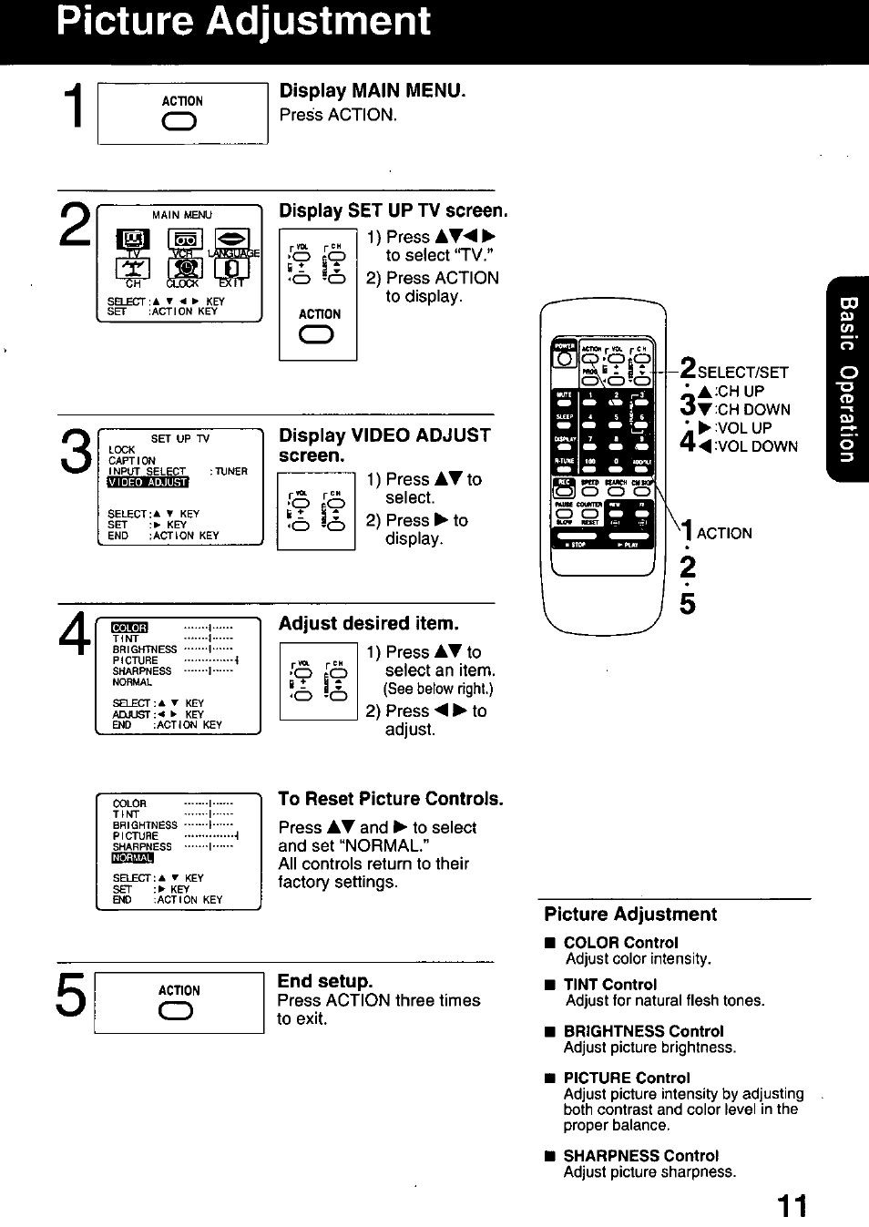 Picture adjustment, Display main menu, Display set up tv screen | Display video adjust screen, Adjust desired item, To reset picture controls, End setup | Panasonic OMNIVISION PVQ-1310 User Manual | Page 11 / 44