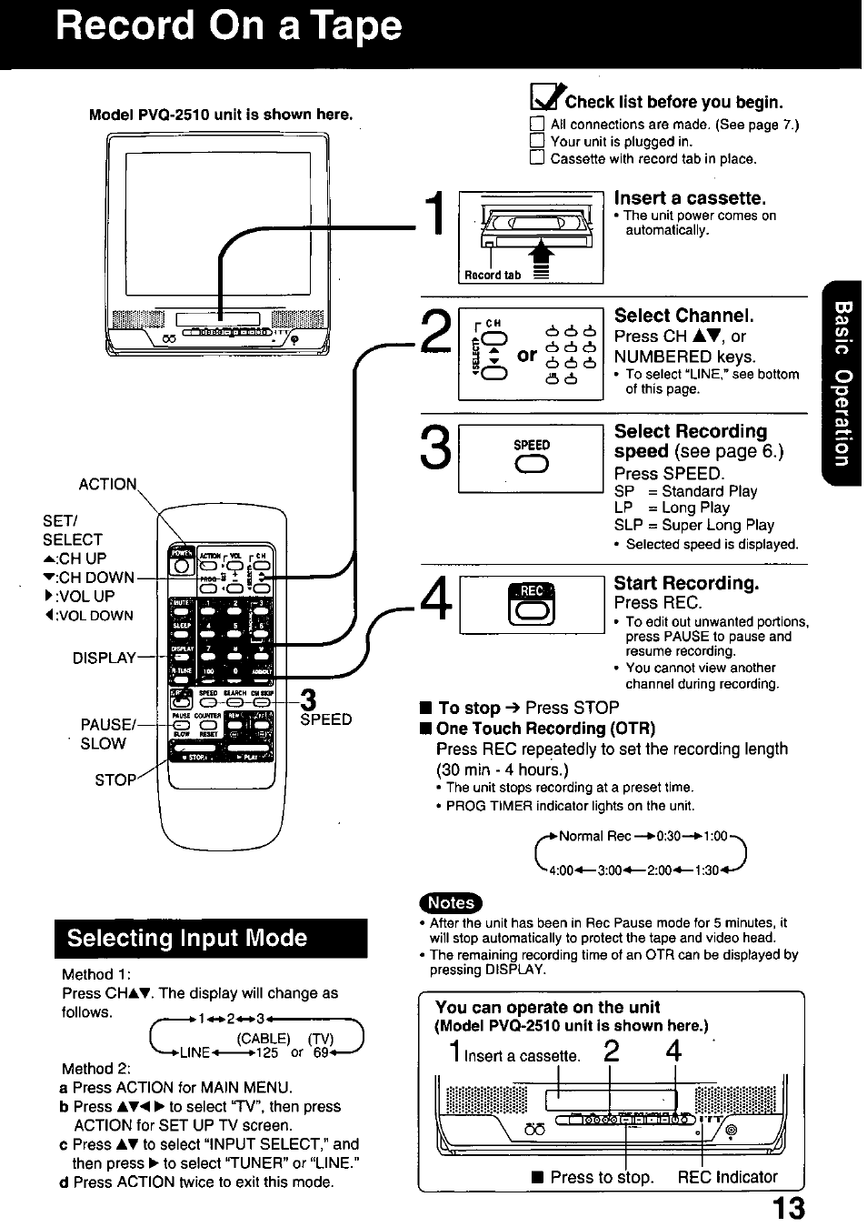 Record on a tape, Select channel, Start recording | You can operate on the unit, Selecting input mode, See page 6.) | Panasonic OMNIVISION PVQ-1310 User Manual | Page 13 / 44
