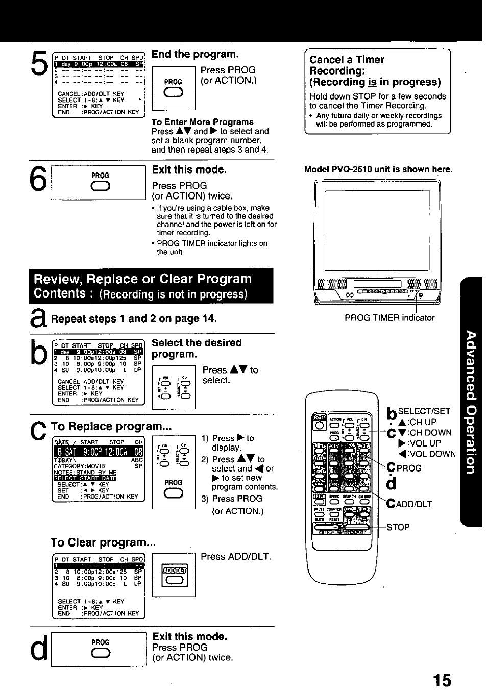 Review, replace or clear program contents, End the program, Exit this mode | Select the desired program | Panasonic OMNIVISION PVQ-1310 User Manual | Page 15 / 44