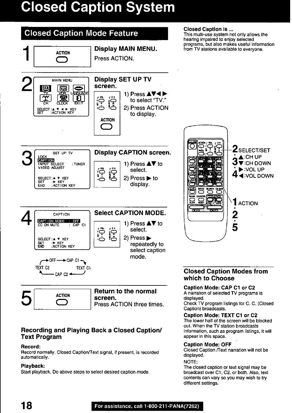 Closed caption system, Display main menu, Display set up tv screen | Display caption screen, Select caption mode, Return to the normal screen, Closed caption modes from which to choose, Closed caption system - 19, Closed caption mode feature | Panasonic OMNIVISION PVQ-1310 User Manual | Page 18 / 44