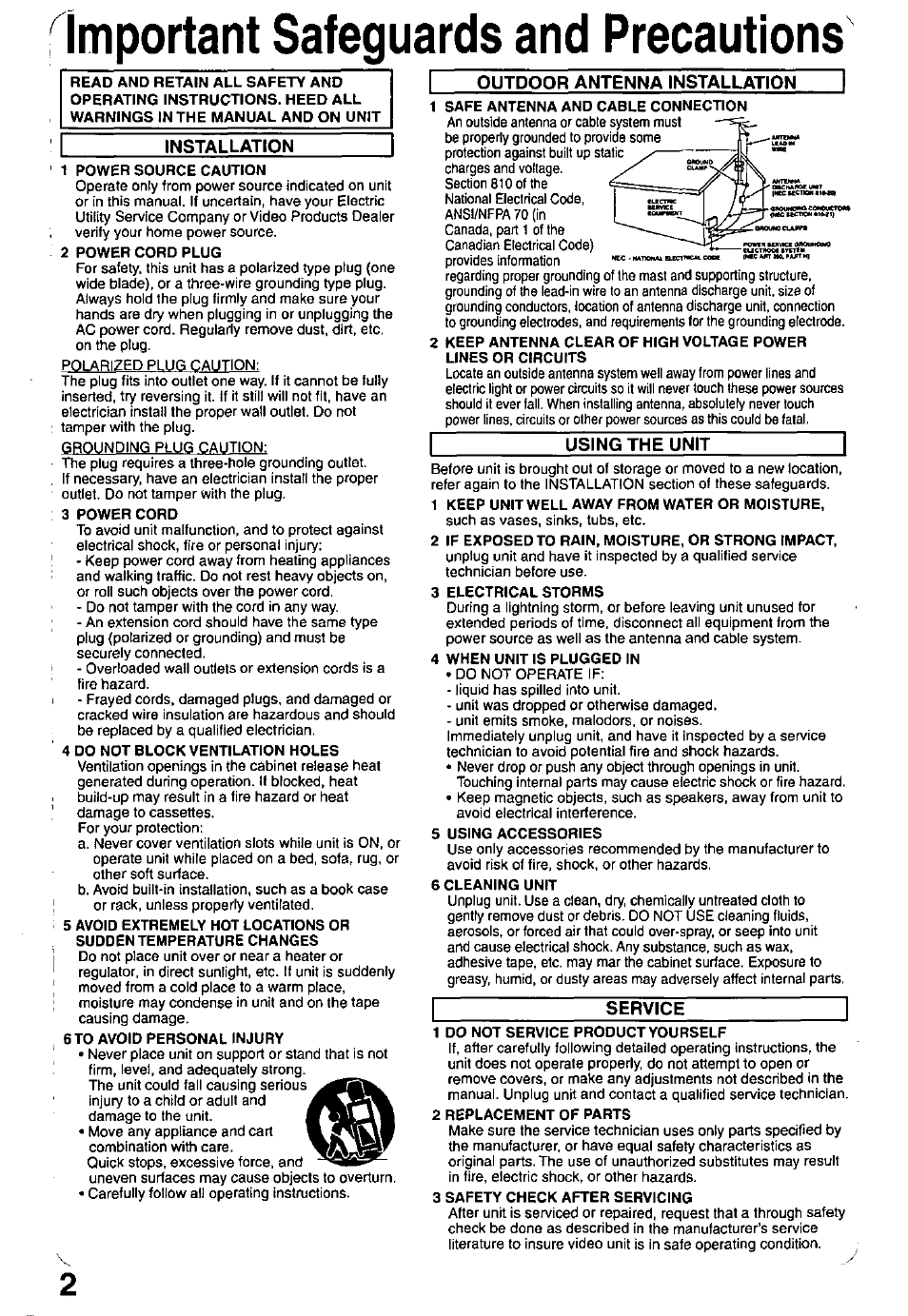 Outdoor antenna installation, Installation, Using the unit | Service, Important safeguards and precautions, Outdoor antenna installation installation | Panasonic OMNIVISION PVQ-1310 User Manual | Page 2 / 44