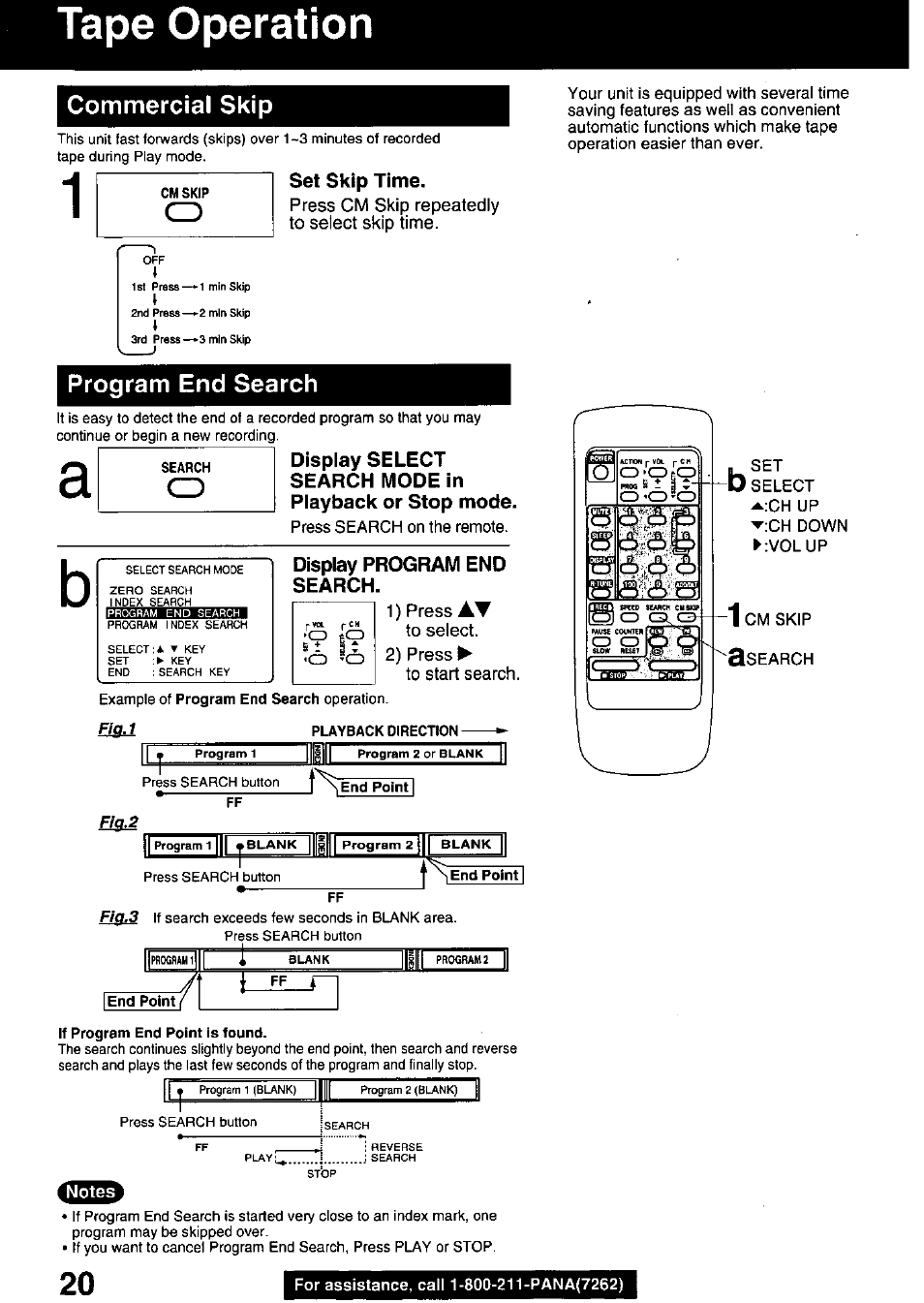 Tape operation, Set skip time, Display program end search | Tape operation - 23, Figj, Fia.2, Commercial skip, Program end search | Panasonic OMNIVISION PVQ-1310 User Manual | Page 20 / 44