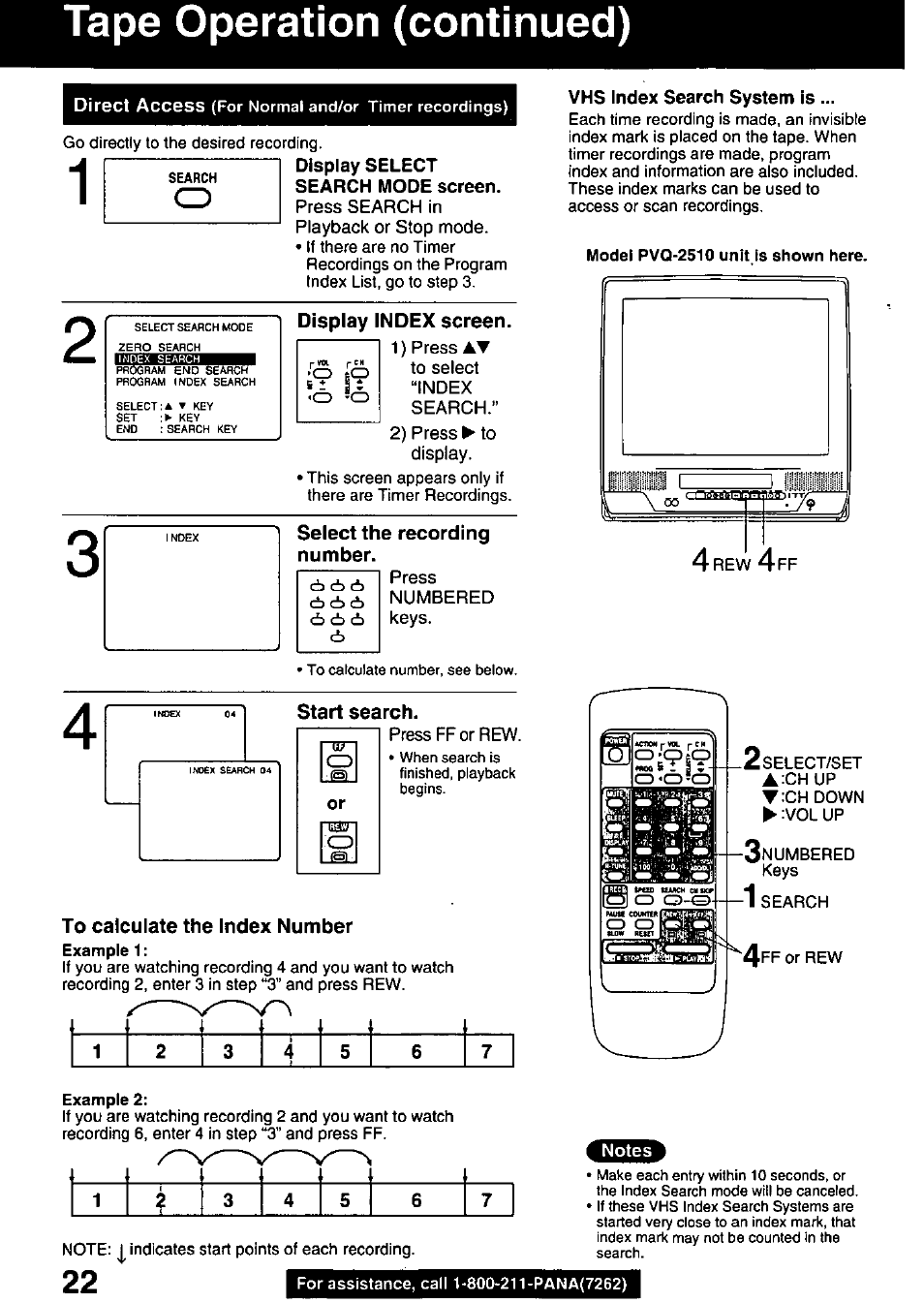 Tape operation (continued), Search mode screen, Vhs index search system is | Panasonic OMNIVISION PVQ-1310 User Manual | Page 22 / 44