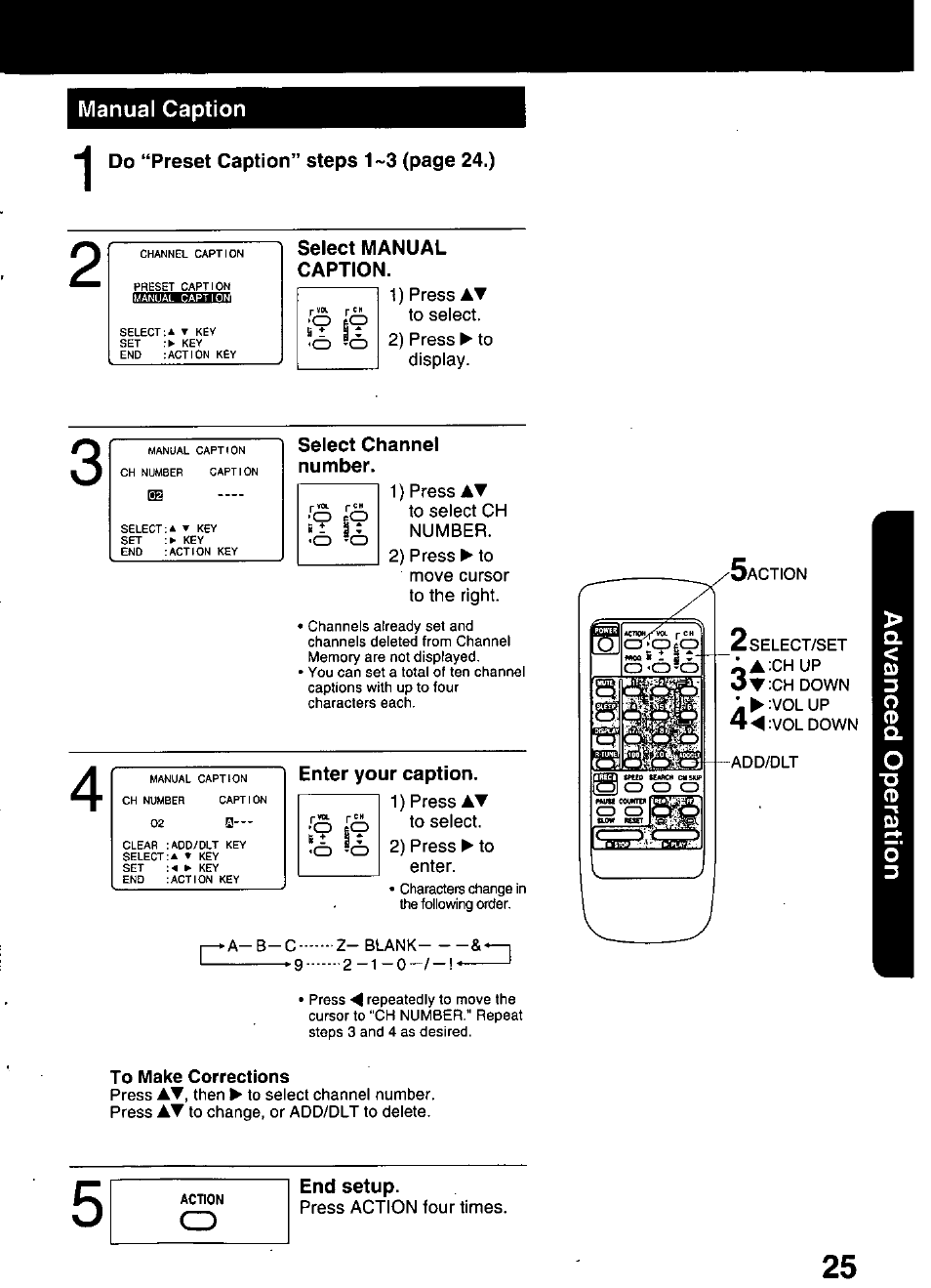 Select manual caption, Select channel number, Enter your caption | To make corrections, End setup | Panasonic OMNIVISION PVQ-1310 User Manual | Page 25 / 44