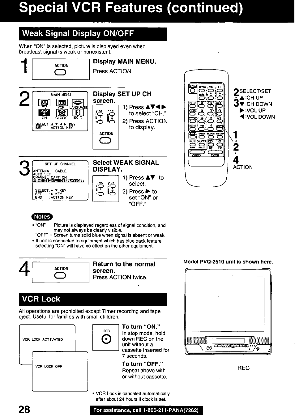 Display main menu, Display set up ch screen, Select weak signal display | Return to the normal screen, To turn “on, To turn “off, Special vcr features (continued) | Panasonic OMNIVISION PVQ-1310 User Manual | Page 28 / 44