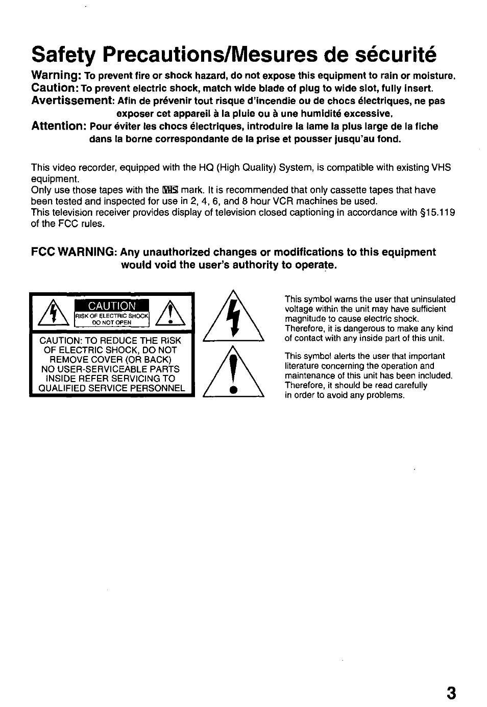 Safety precautions/mesures de sécurité | Panasonic OMNIVISION PVQ-1310 User Manual | Page 3 / 44