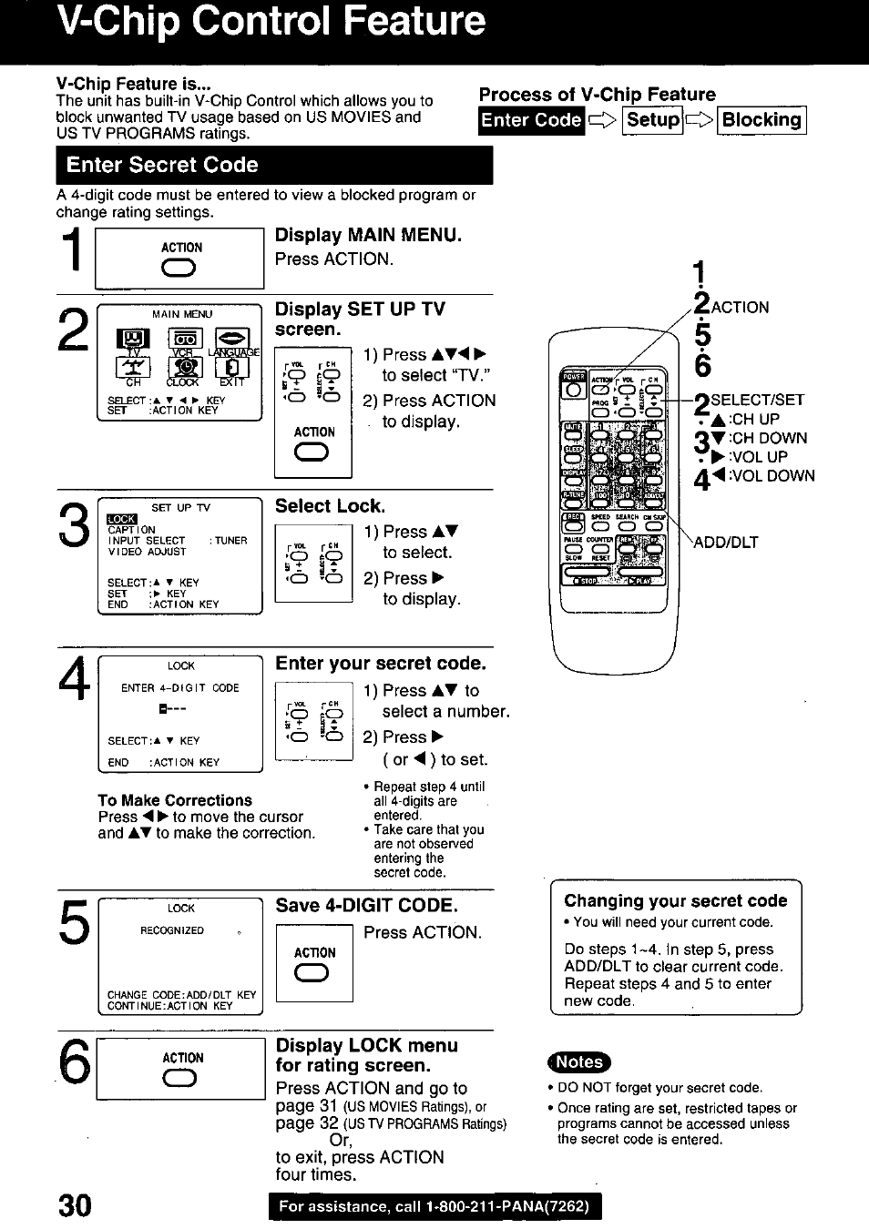 V-chip feature is, Enter code, I=c> setup | Blocking, Display main menu, Display set up tv screen, Select lock, Enter your secret code, To make corrections, Save 4-digit code | Panasonic OMNIVISION PVQ-1310 User Manual | Page 30 / 44