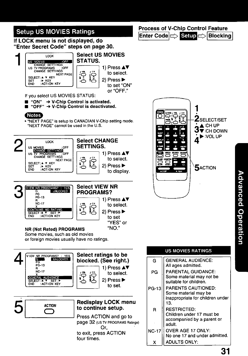 Status, Select change settings, Select view nr programs | Select ratings to be blocked. (see right.), Redisplay lock menu to continue setup | Panasonic OMNIVISION PVQ-1310 User Manual | Page 31 / 44