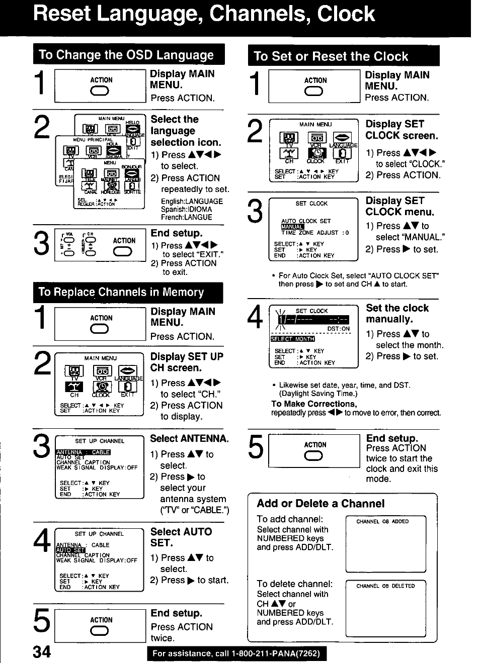 Reset language, channels, clock, Select the language selection icon, End setup | Panasonic OMNIVISION PVQ-1310 User Manual | Page 34 / 44