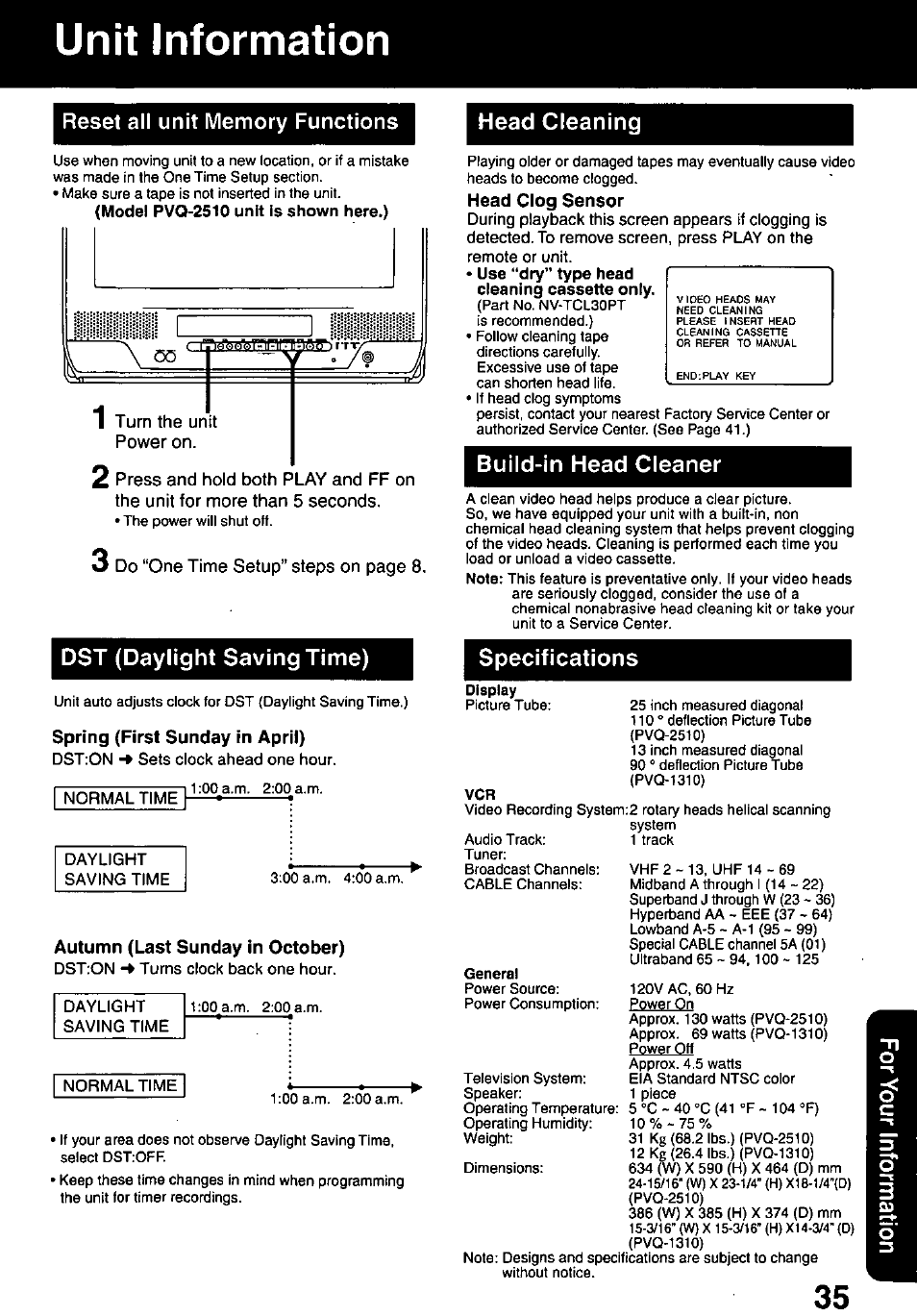 Unit information, Spring (first sunday in april), Head cleaning | Dst (daylight saving time), Build-in head cleaner, Specifications | Panasonic OMNIVISION PVQ-1310 User Manual | Page 35 / 44