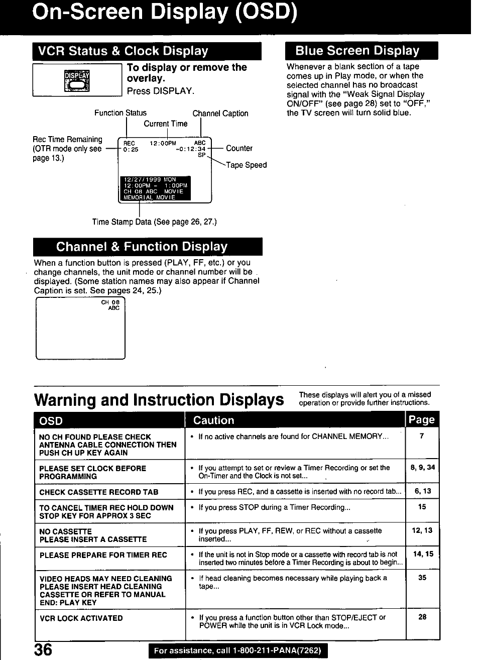 On-screen display (osd), Warning and instruction displays, Osd caution page | Panasonic OMNIVISION PVQ-1310 User Manual | Page 36 / 44