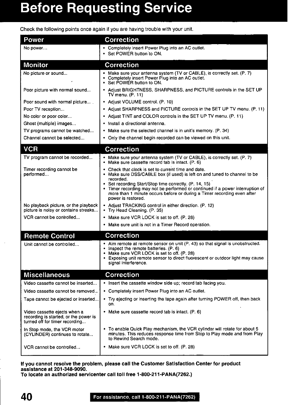 Before requesting service, Power correction, Monitor correction | Vcr correction, Remote control correction, Miscellaneous correction | Panasonic OMNIVISION PVQ-1310 User Manual | Page 40 / 44