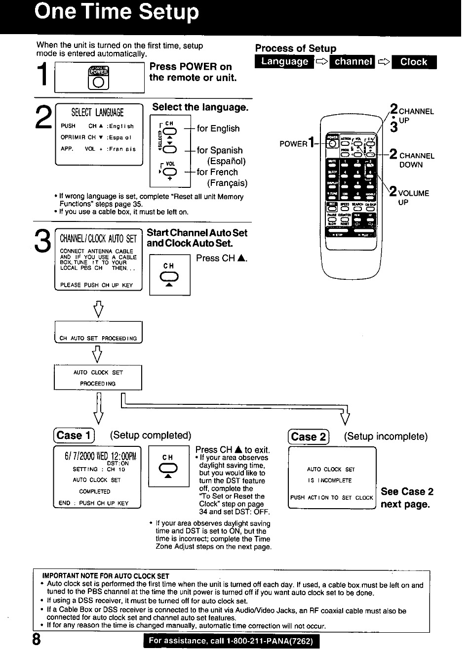 One time setup, Press power on the remote or unit, Process of setup | Language channel 1=9 clock, Select the language, Start channel auto set and clock auto set, One time setup ~ 9 | Panasonic OMNIVISION PVQ-1310 User Manual | Page 8 / 44
