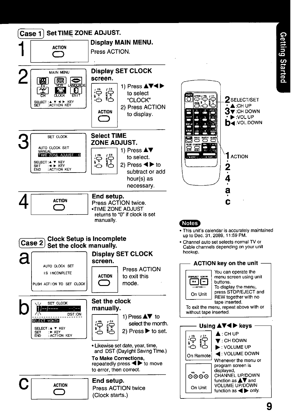 Action key on the unit, Using at-^ ► keys, Case 11 set time zone adjust. display main menu | Display set clock screen, Select time zone adjust, End setup, Clock setup is incomplete uase zj clock manually, Set the clock manually | Panasonic OMNIVISION PVQ-1310 User Manual | Page 9 / 44