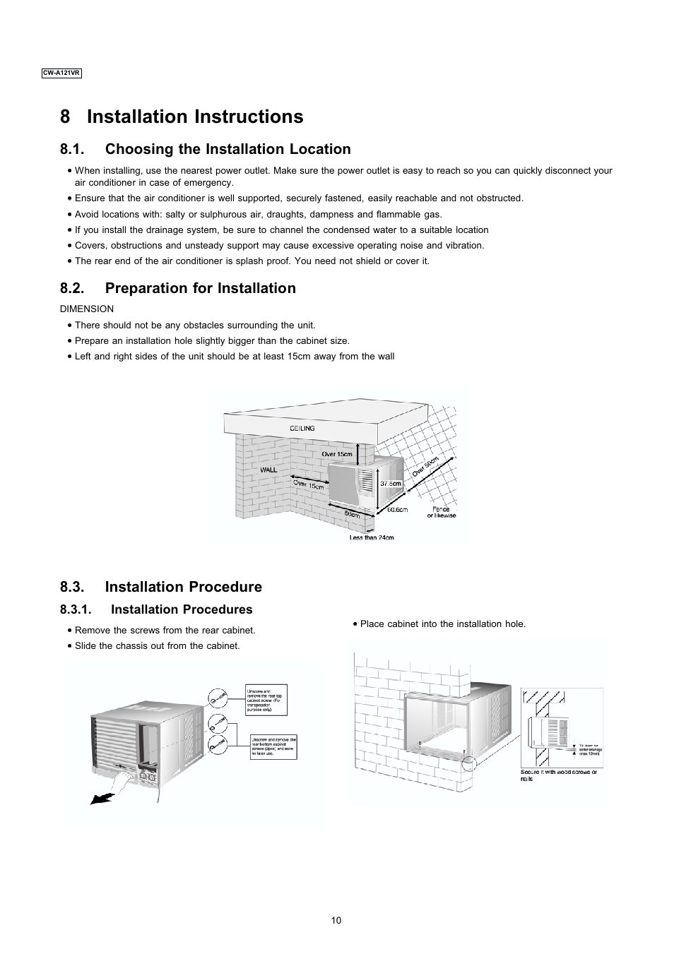 8 installation instructions, Choosing the installation location, Preparation for installation | Installation procedure | Panasonic CW-A121VR User Manual | Page 3 / 6