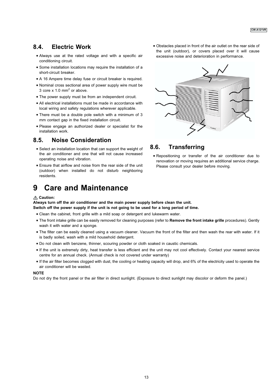 9 care and maintenance, Electric work, Noise consideration | Transferring | Panasonic CW-A121VR User Manual | Page 6 / 6