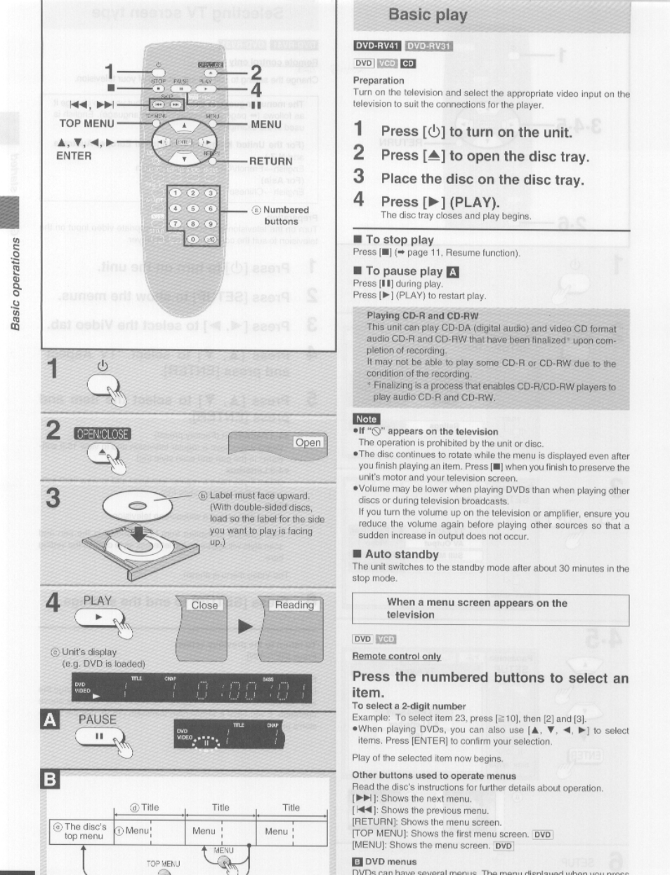 2 bhmi, Basic play, 1 press [(!)] to turn on the unit | 2 press [a] to open the disc tray, 3 place the disc on the disc tray, 4 press [►] (play), Rwfi, Press the numbered buttons to select an item | Panasonic DVD-RV41 User Manual | Page 10 / 33