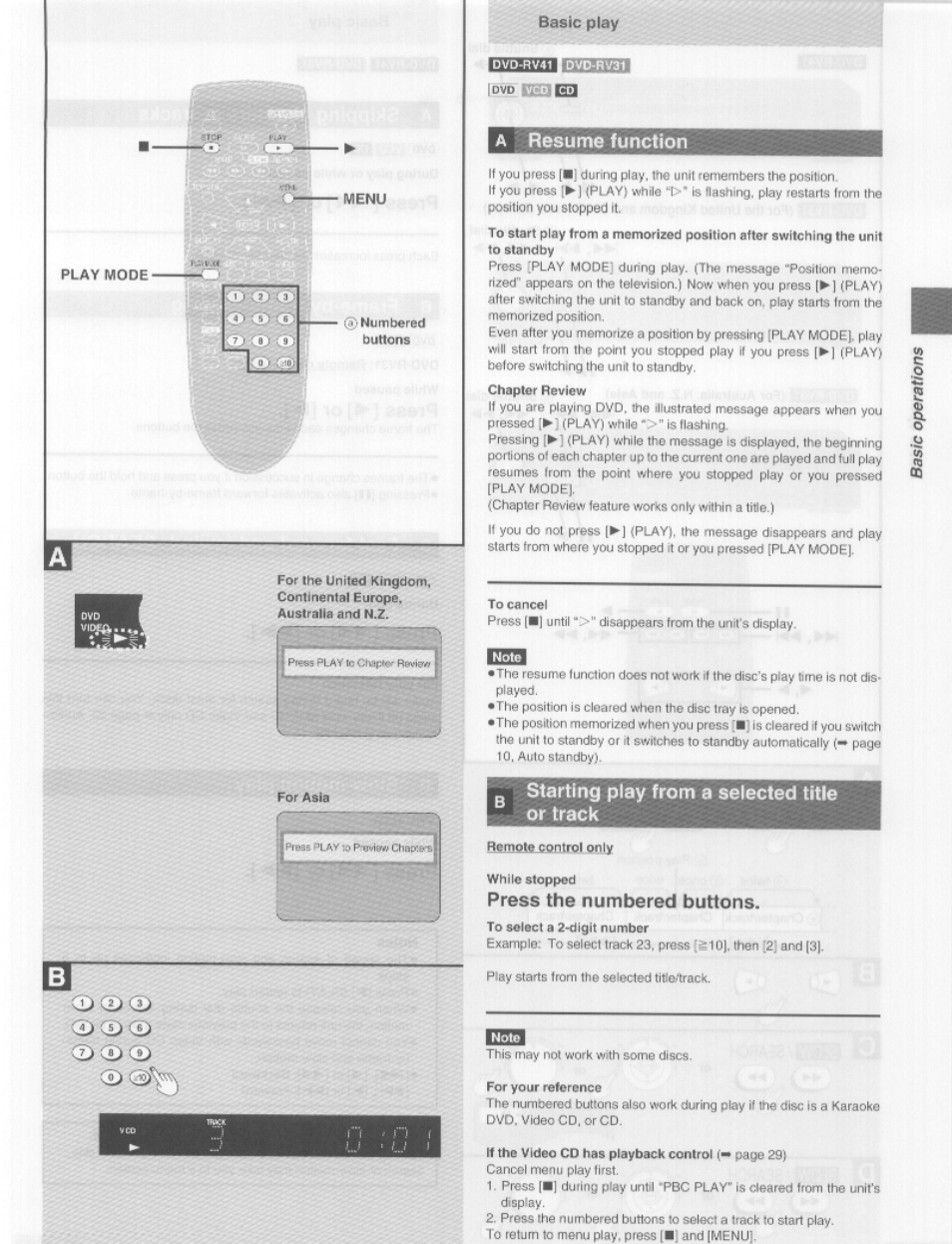 A resume function, Rwra, Starting play from a selected title or track | Press the numbered buttons, Resume function, Cd cd cd, Resume, Function | Panasonic DVD-RV41 User Manual | Page 11 / 33
