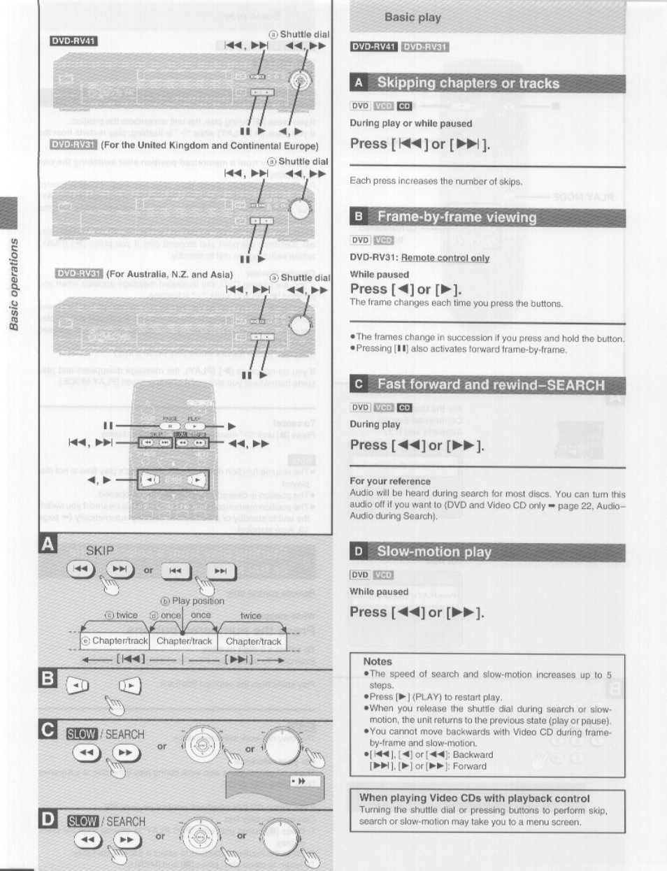 A skipping chapters or tracks, Dvo ига ira, Press [«◄] or [►►i | В frame*by-frame viewing, Press [◄] or, C fast forward and rewind-search, Press [-^-^lor, 0 siow-motion play, Press [◄◄]or, Notes | Panasonic DVD-RV41 User Manual | Page 12 / 33