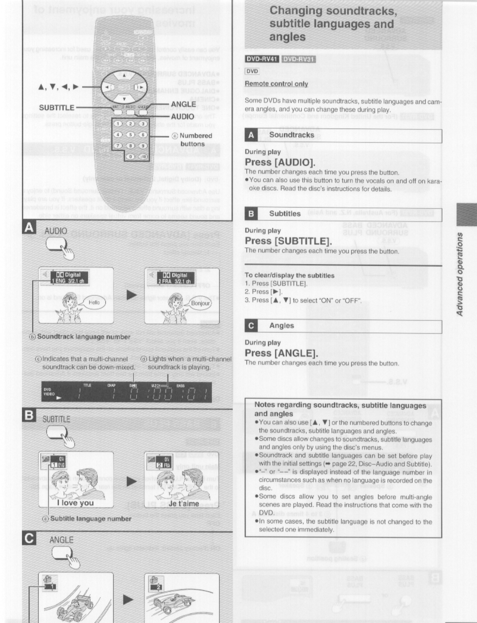 Soundtracks, Press [audio, Subtitles | Press [subtitle, Angles, Press [angle | Panasonic DVD-RV41 User Manual | Page 13 / 33