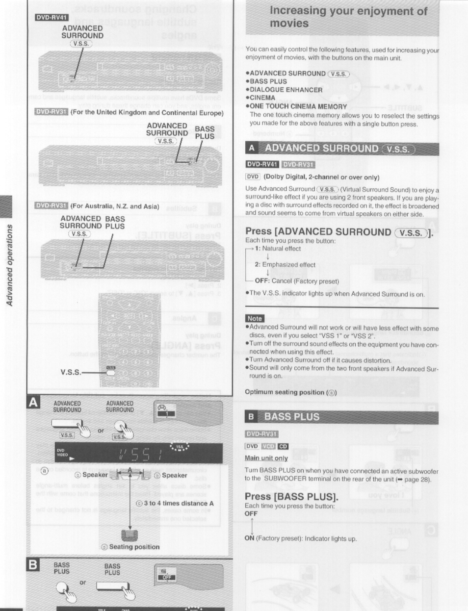 Increasing your enjoyment of movies, A advanced surround v.s.s, Press [advanced surround (^s.s.j | B bass plus, Press [bass plus, Advanced surround ('visx, Bass plus | Panasonic DVD-RV41 User Manual | Page 14 / 33