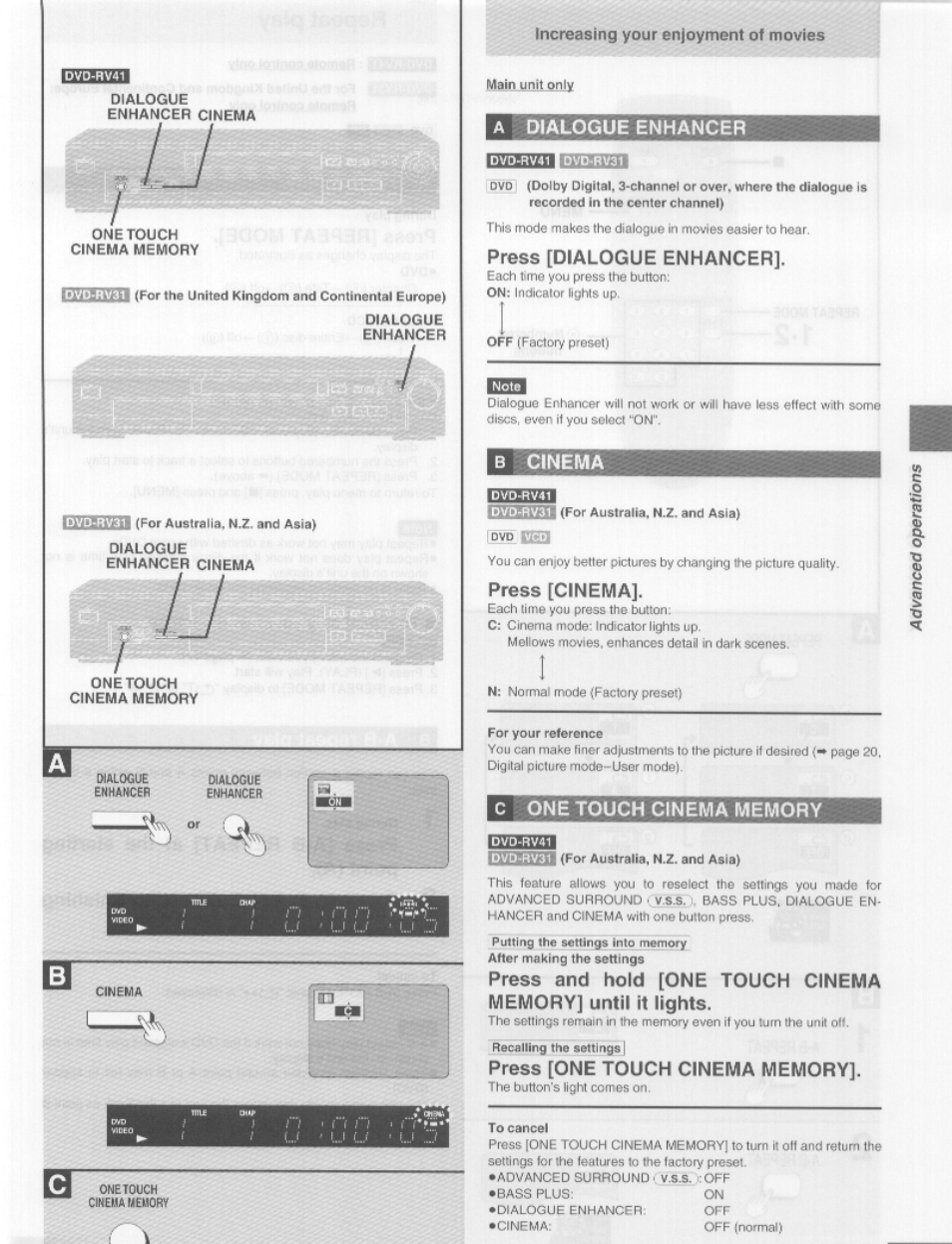 A dialogue enhancer, Press [dialogue enhancer, В cinema | Press [cinema, C one touch cinema memory, Press [one touch cinema memory, Dialogue enhancer cinema one touch cinema memory | Panasonic DVD-RV41 User Manual | Page 15 / 33