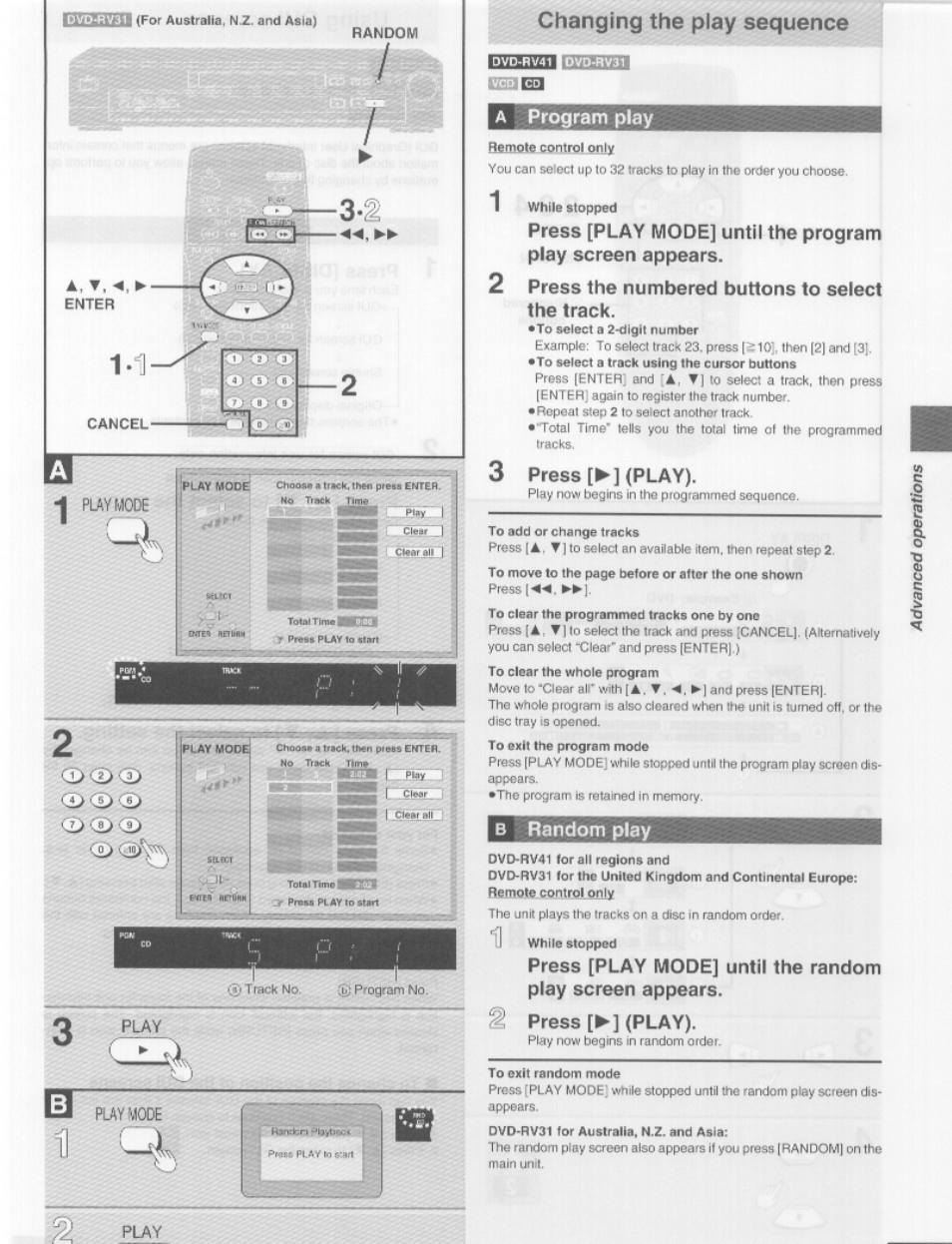 A program play, 2 press the numbered buttons to select the track, 3 press [►] (play) | B random play, Press [►] (play), 11 cf, Changing the play sequence | Panasonic DVD-RV41 User Manual | Page 17 / 33