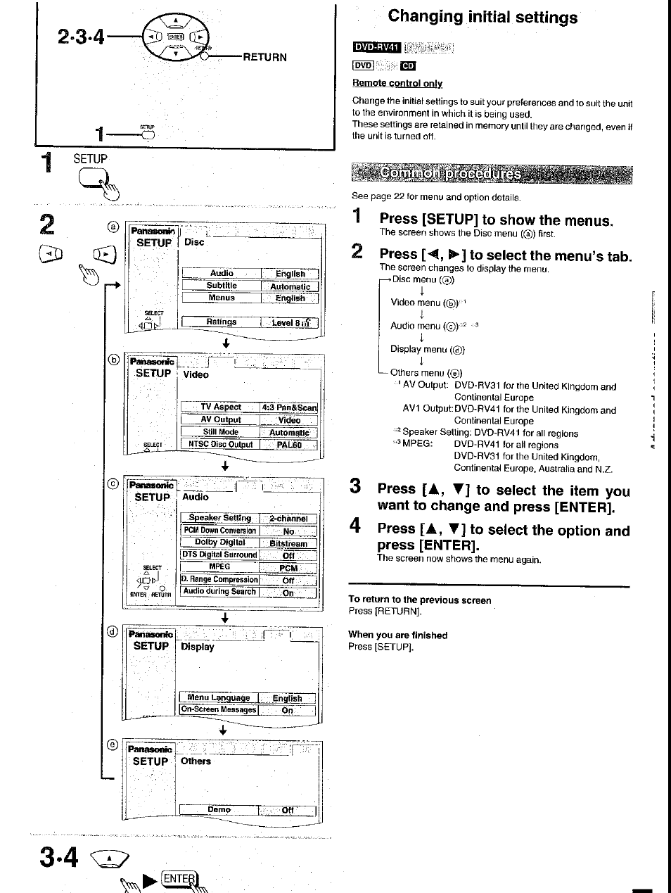 Changing initial settings, Off i, 1 press [setup] to show the menus | 2 press to select the menu’s tab, A , t | Panasonic DVD-RV41 User Manual | Page 23 / 33