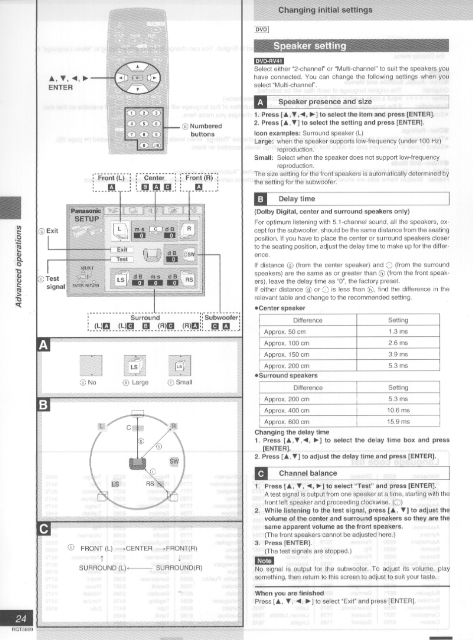 Changing initial settings, Speaker setting, I;w.g?pzn | Speaker presence and size | Panasonic DVD-RV41 User Manual | Page 25 / 33