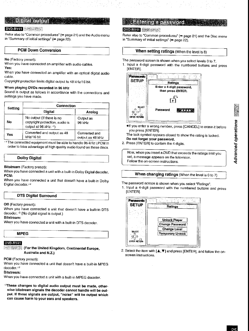 Dolby digital, Dts digital surround, Mpeg | Setup | Panasonic DVD-RV41 User Manual | Page 26 / 33