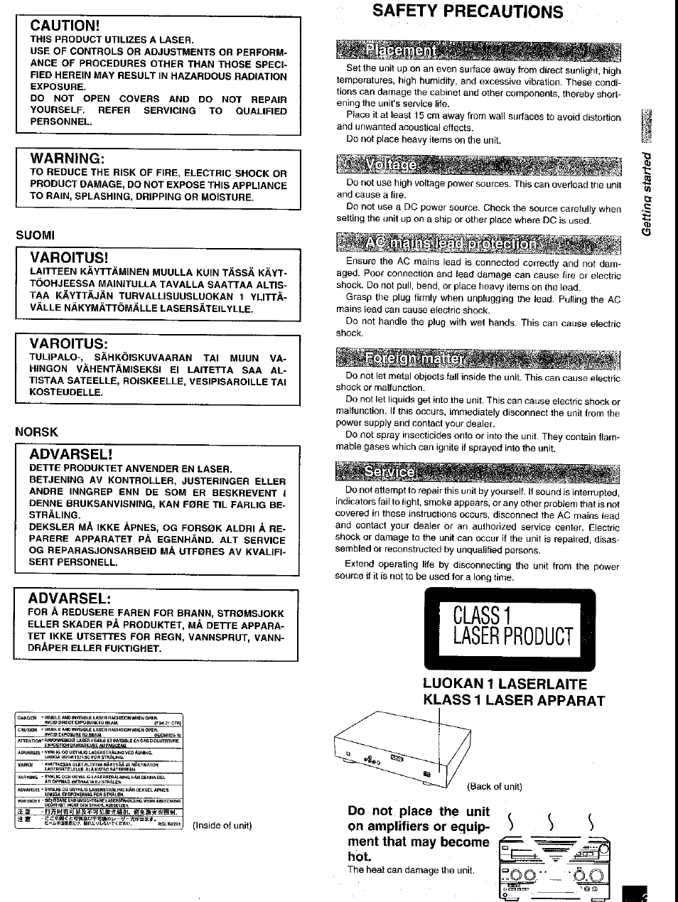 Safety precautions, Caution, Warning | Varoitus, Advarsel | Panasonic DVD-RV41 User Manual | Page 3 / 33