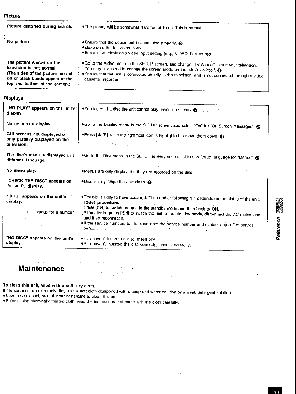 Picture, Maintenance | Panasonic DVD-RV41 User Manual | Page 32 / 33