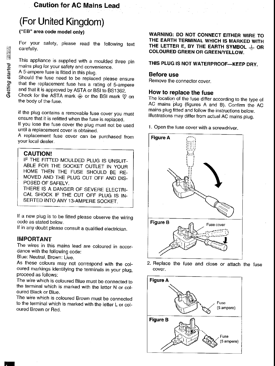 Important, This plug is not waterproof—keep dry, Before use | How to replace the fuse, For united kingdom), Caution for ac mains lead | Panasonic DVD-RV41 User Manual | Page 4 / 33