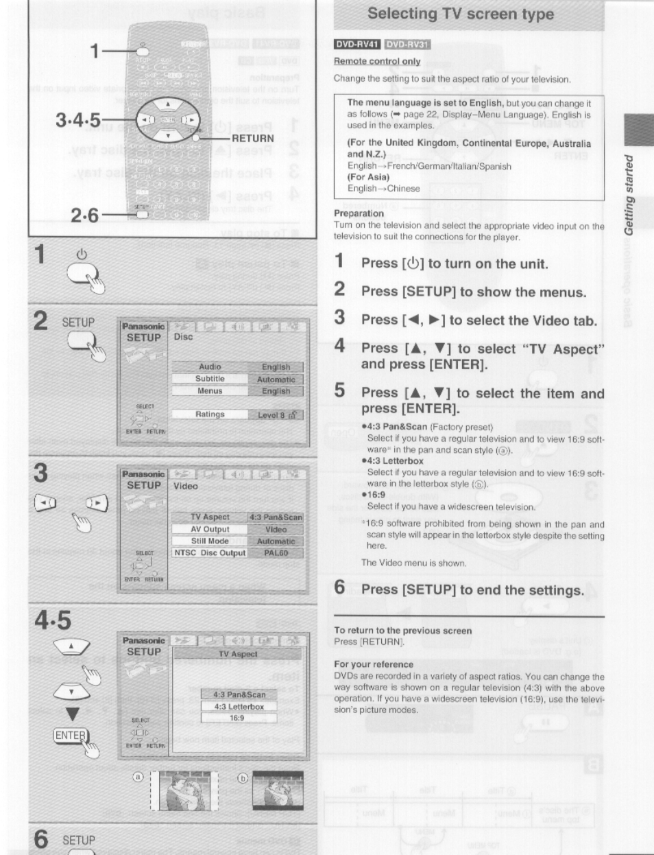 Automaiicn, Selecting tv screen type, 1 press [c!)] to turn on the unit | 2 press [setup] to show the menus, 3 press [◄, ►] to select the video tab, 5 press [a, ▼] to select the item and press [enter, 6 press [setup] to end the settings | Panasonic DVD-RV41 User Manual | Page 9 / 33